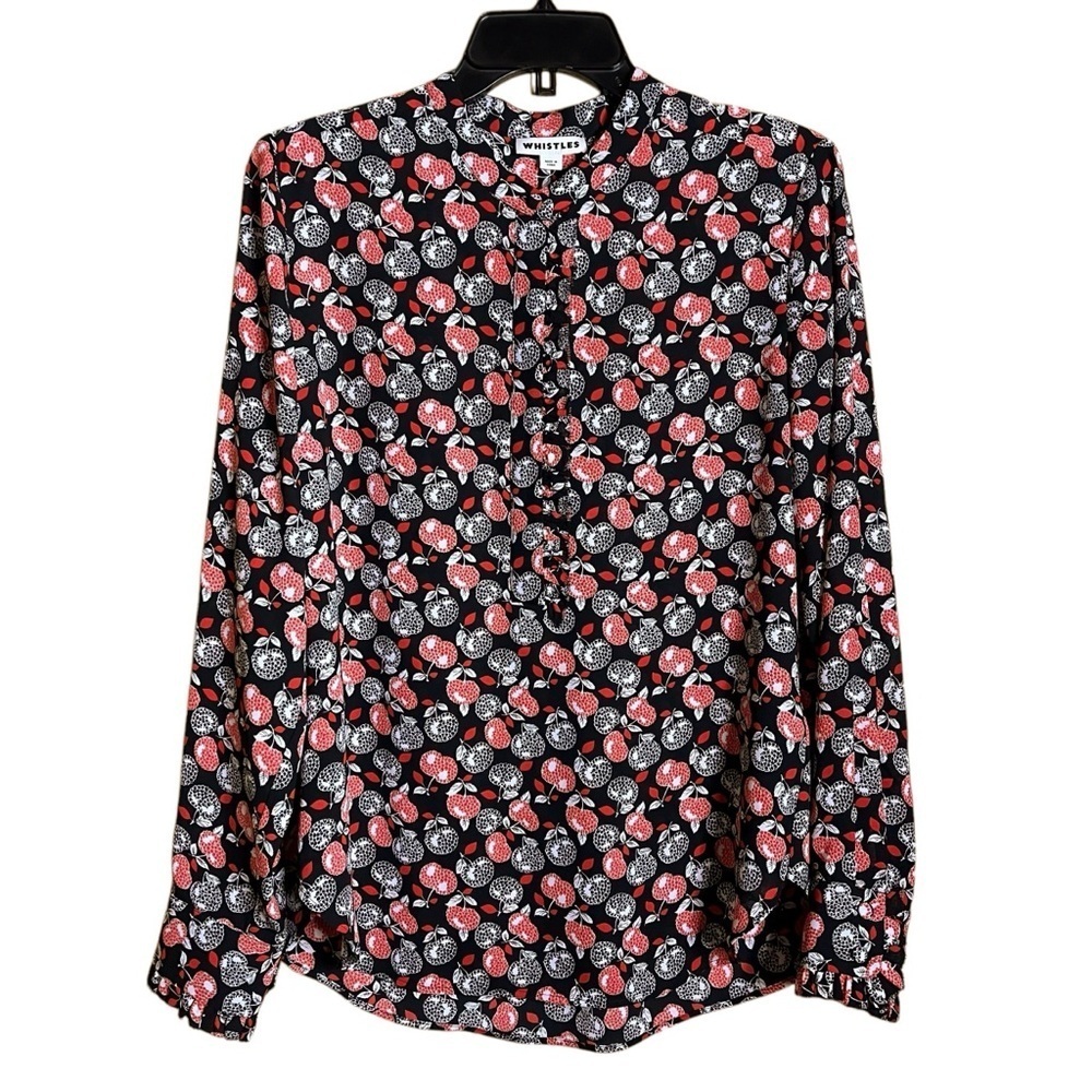 Whistles Red Black Cherry Apple Print Long Sleeve Collarless Blouse US Size 8